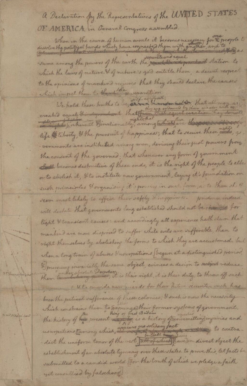 Ink on parchment draft of the Declaration of Independence